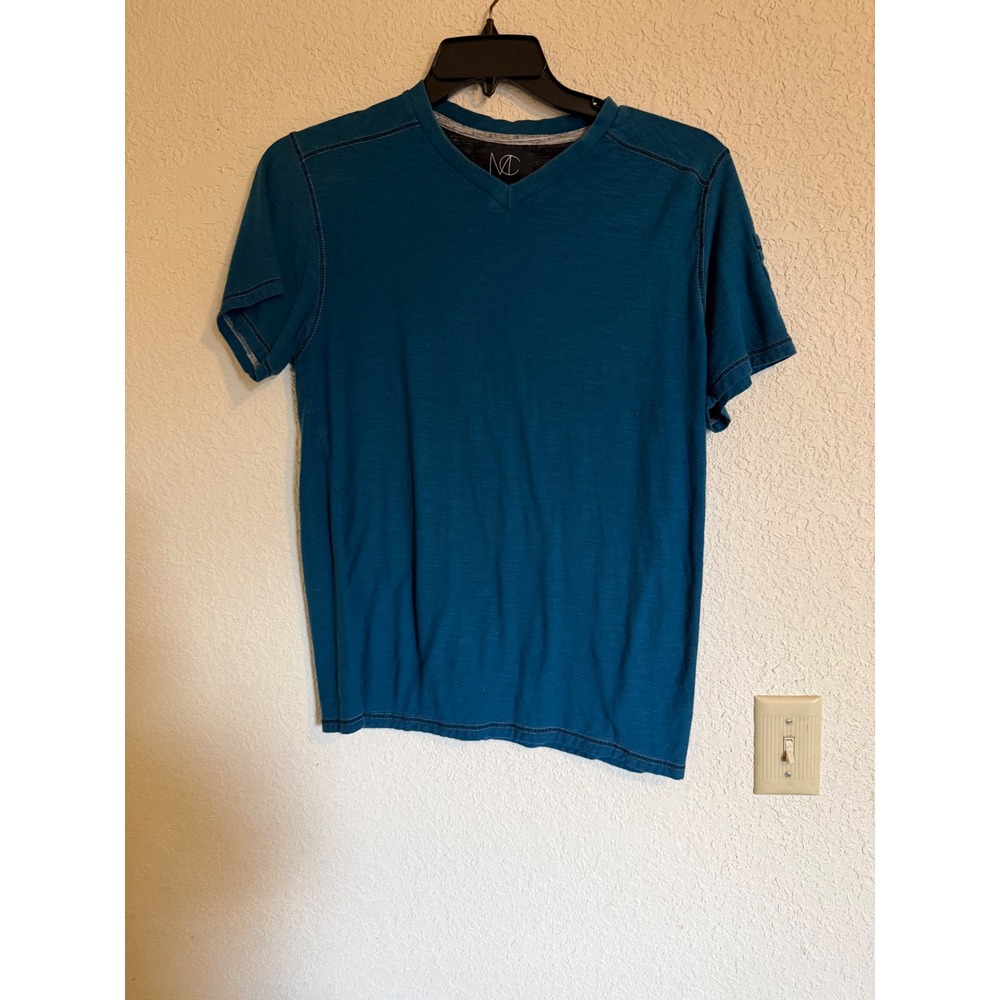Modern Culture Mens Teal Blue V-Neck Cotton Slub T-Shirt Sleeve Pocket Large